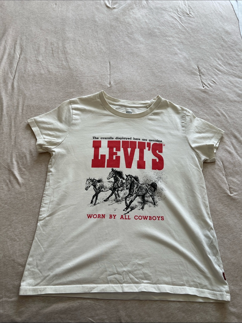 Levi's Cream Tee with Red Logo and Black Horse Graphic